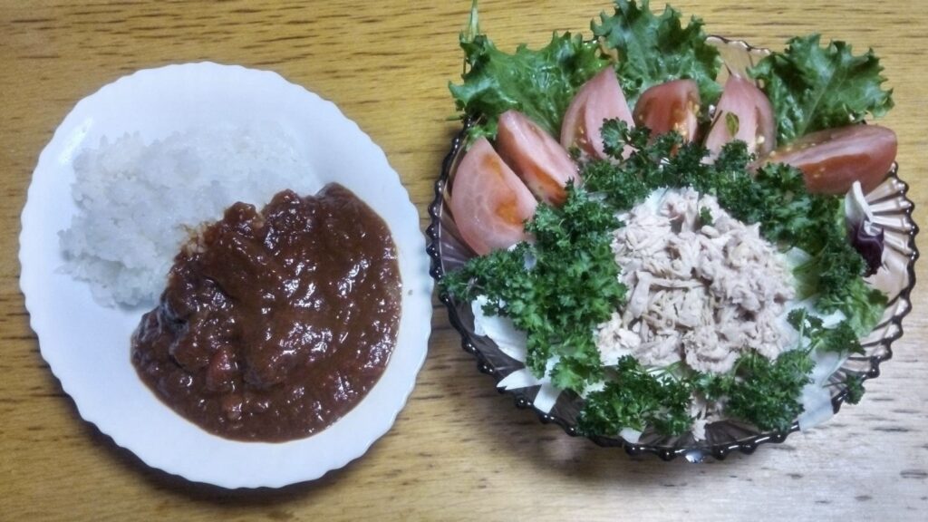 夕食はビーフシチューとサラダ